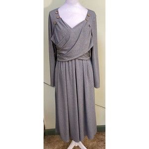 Zolucky Women's Large Gray Crisscross Front Ribbed 3/4 Sleeve A-line Midi Dress
